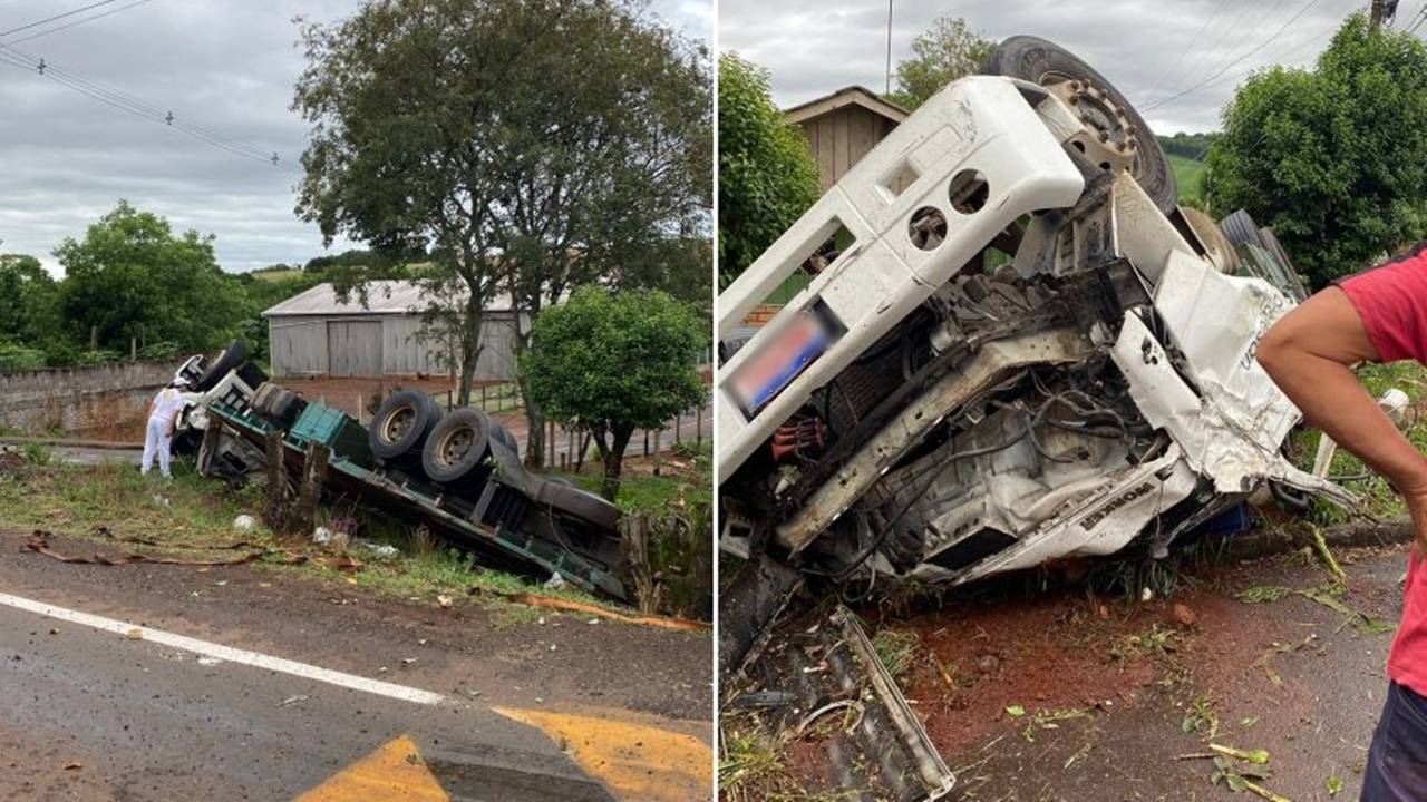 Caminhão com produtos corrosivos tomba na PR-562 e motorista não resiste