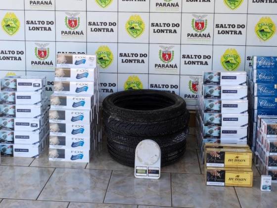 Polícia Militar apreende 158 maços de cigarros e 4 pneus contrabandeados, em Salto do Lontra